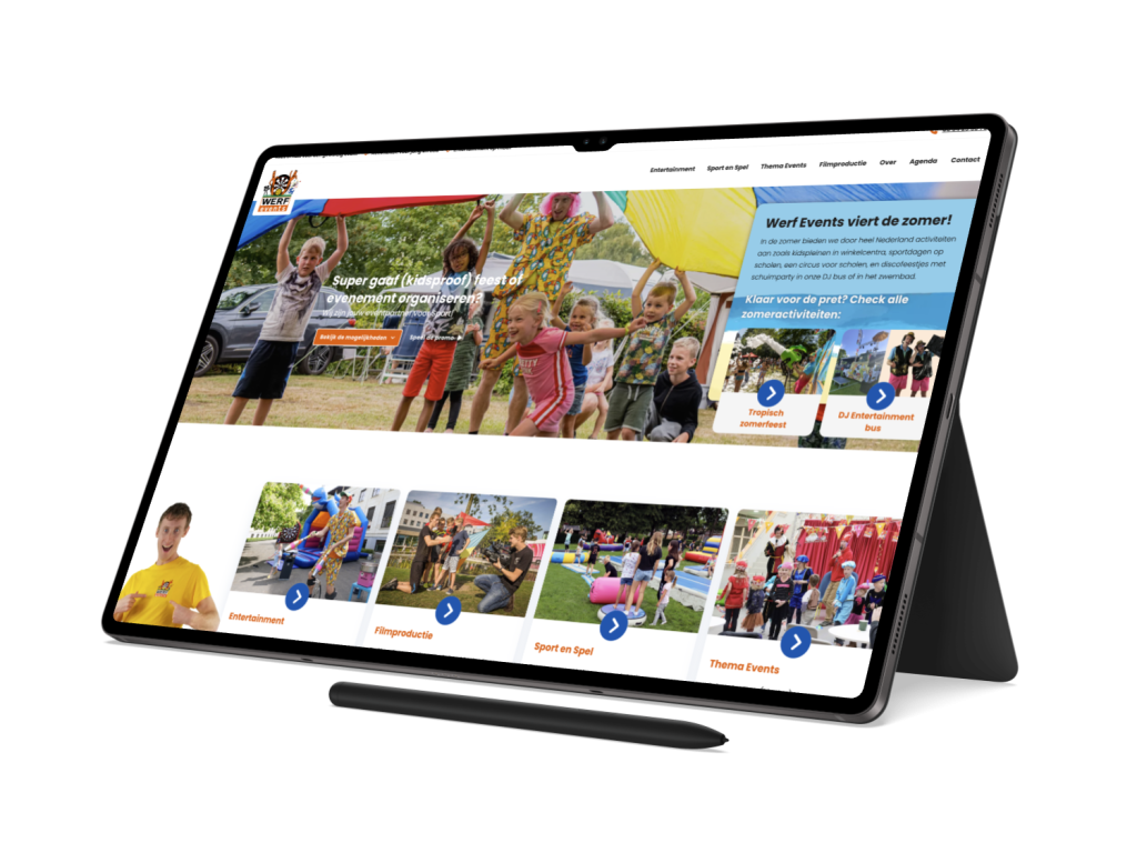 Homepagina van de website van Werf Events tentoongesteld op een Galaxy Tab S8 Ultra