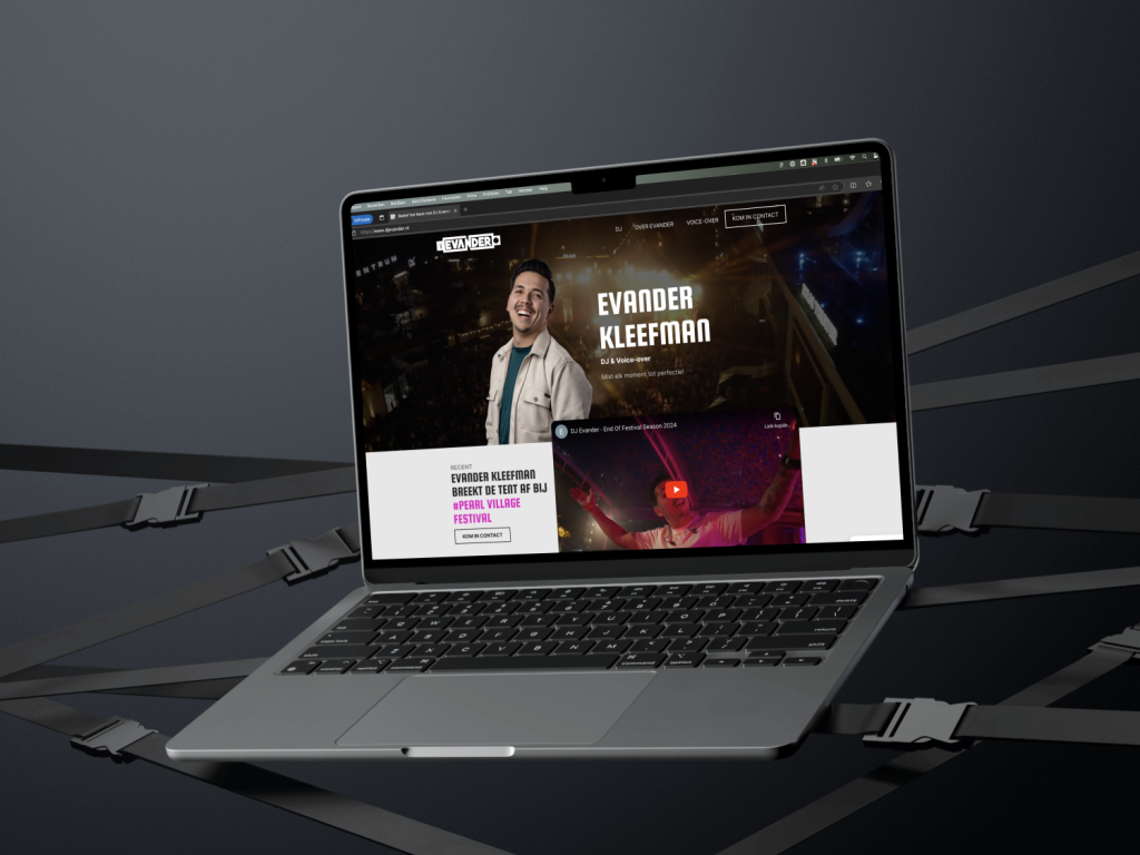 Nieuwe website van DJ Evander gepresenteerd op een MacBook Air.